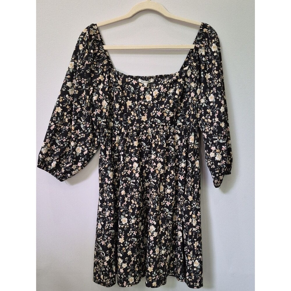 BaeVely Dark Floral Dress Womens M Corset Seamed Babydoll Mini Smocked Back